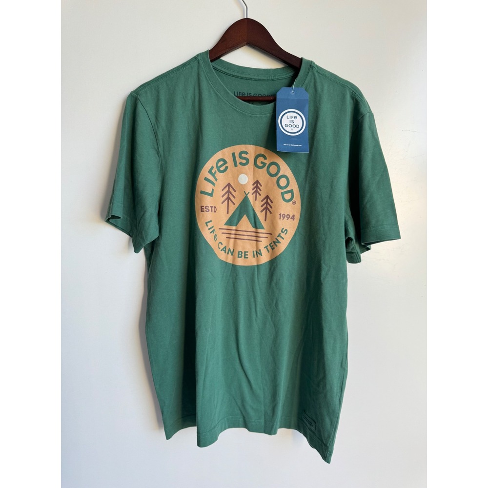 Life Is Good Mens Crusher Tee Green Camping Graphic Shirt M Life Can Be In Tents